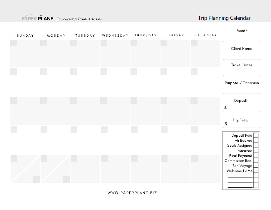 Trip Planning Calendar Form - Digital Download