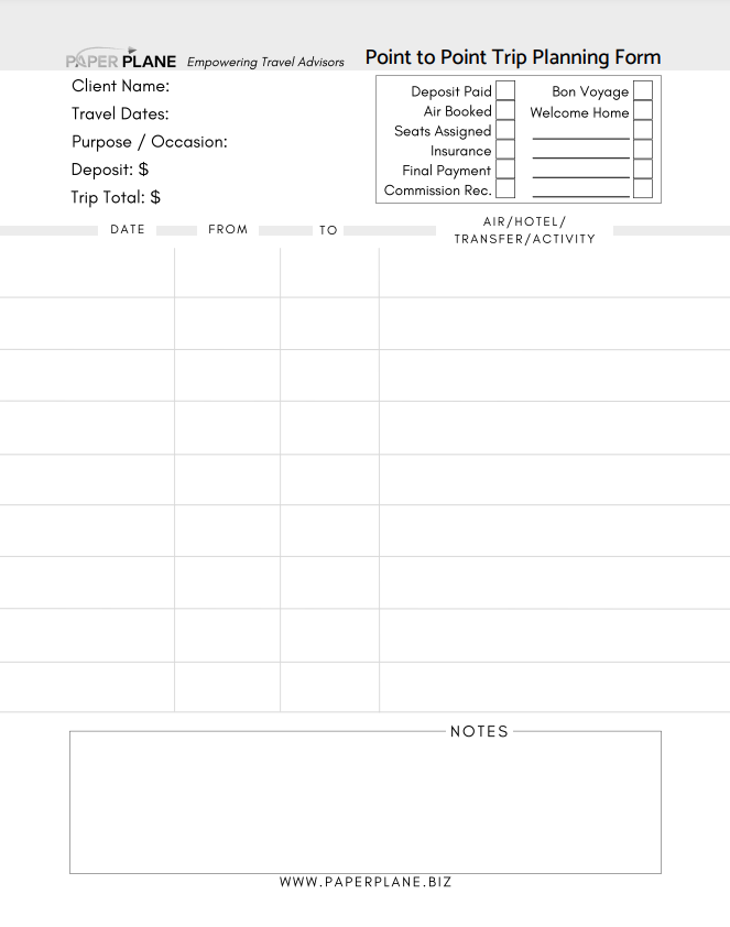 Point to Point Trip Planning Form - Digital Download