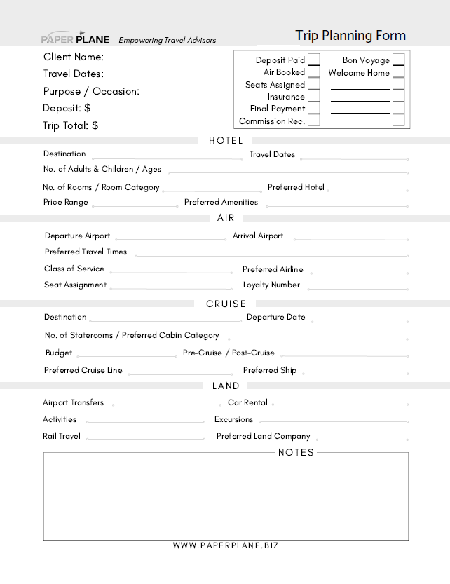 Trip Planning Form - Digital Download